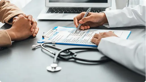 Medical consultation with clipboard and stethoscope
